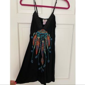 Black sundress with feather embroidered design - M